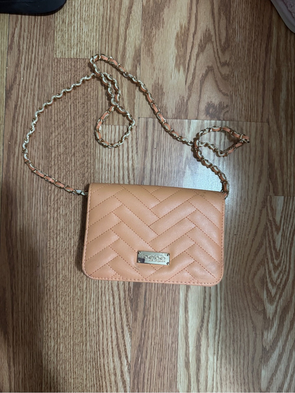 bebe Quilted Peach Crossbody with Gold Chain